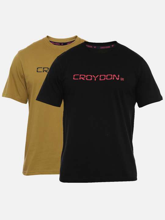 Black And Olive Crewneck Typographic Printed T-Shirt Combo