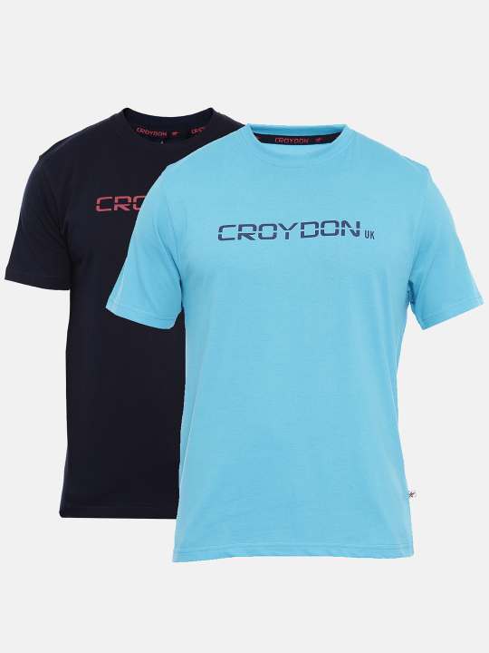 Blue And Navy Crewneck Typographic Printed T-Shirt Combo