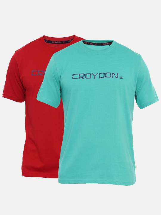 Green And Maroon Crewneck Typographic Printed T-Shirt Combo