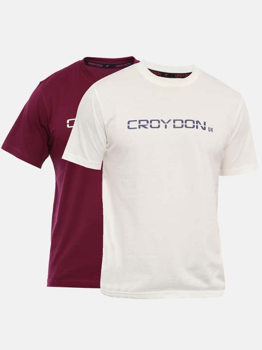 Wine And Off White Crewneck Typographic Printed T-Shirt Combo