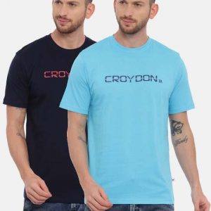 Blue And Navy Crewneck Typographic Printed T-Shirt Combo