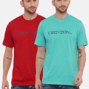 Green And Maroon Crewneck Typographic Printed T-Shirt Combo