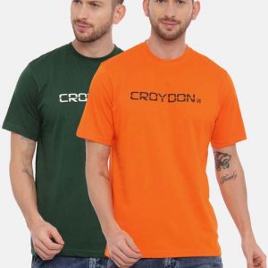 Orange And Green Crewneck Typographic Printed T-Shirt Combo