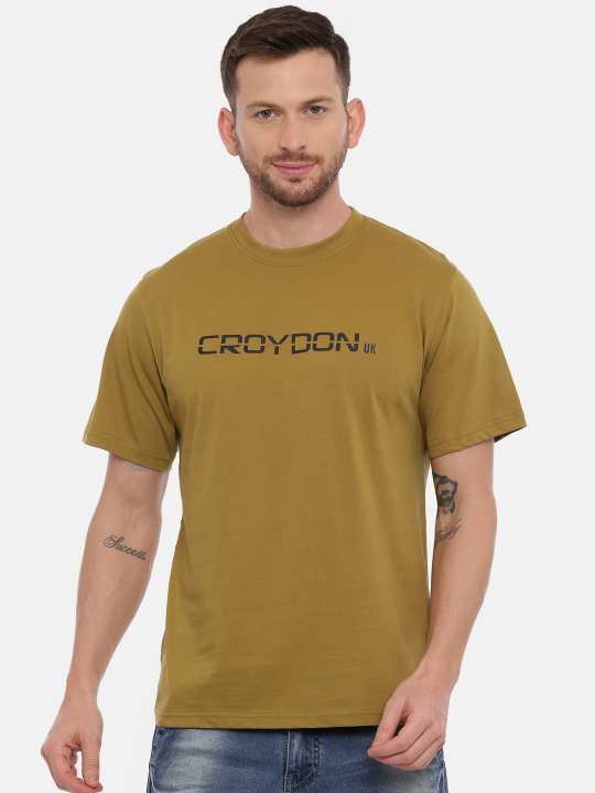 Black And Olive Crewneck Typographic Printed T-Shirt Combo