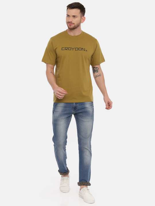 Black And Olive Crewneck Typographic Printed T-Shirt Combo