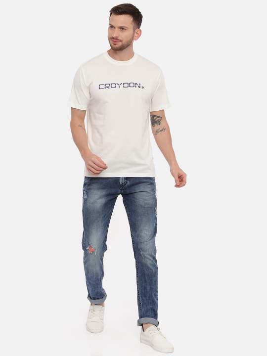 Wine And Off White Crewneck Typographic Printed T-Shirt Combo