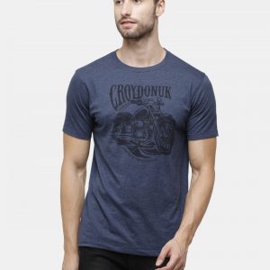 Blue Crewneck T-Shirt Chest Print Biker
