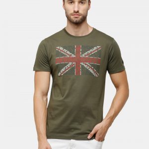 Olive Crewneck T-Shirt Union Jack Chest Print