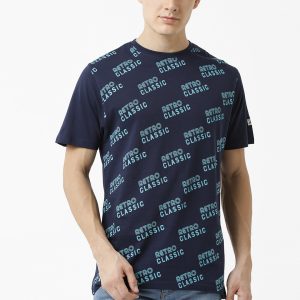 Retro Classic Print Crewneck T-Shirt - Navy